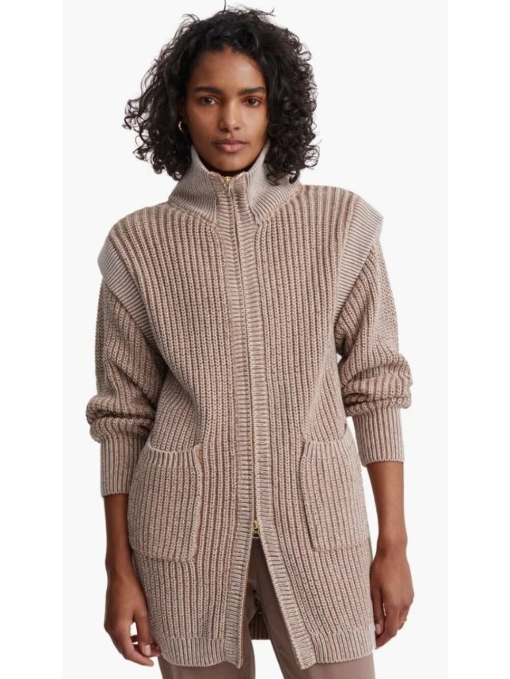 Varley Tori Knit Jacket Ribbed Turtleneck Neutral-sz Medium
